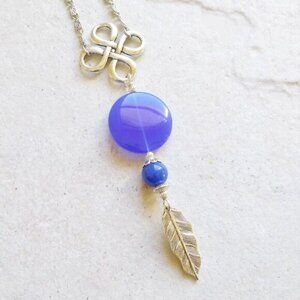 Big Bold Blue & Silver Feather Focal 22" Statement Necklace - Boho Beachy Casual